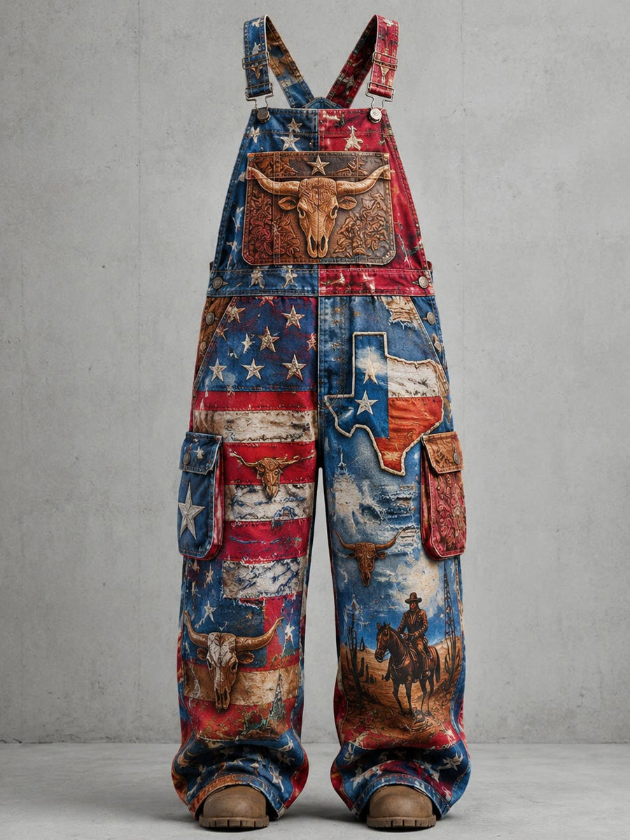 Men's Retro Style Art Print Vintage Casual Washed Cotton Denim Patchwork Jumpsuit